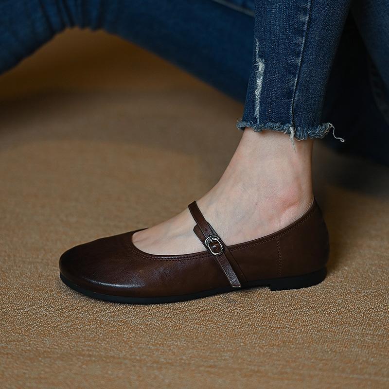 Fashion 2025 New Spring Women Flats Round Toe Women Shoes Fashion Flat Heels Mary Janes Ladies Shoes Genuine Leather Retro Brown Shoes
