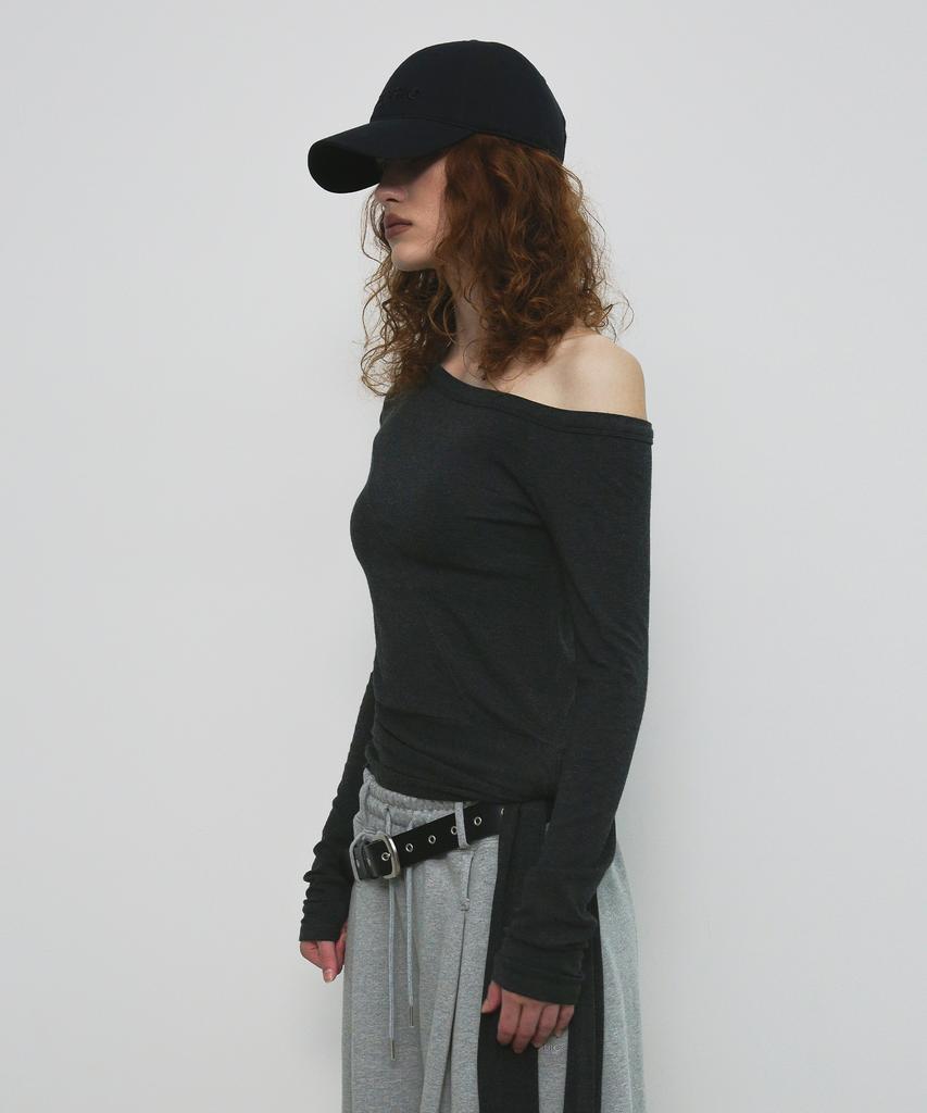 Saendeulig One Shoulder Unbalanced Strap T-Shirt_Charcoal