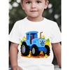 Boys' Short-Sleeve Spring/Summer/Autumn Cartoon Blue Tractor and Farm Chick Cute Print Children's Crew Neck Top