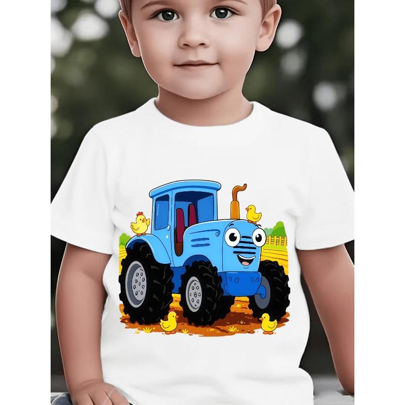 Boys' Short-Sleeve Spring/Summer/Autumn Cartoon Blue Tractor and Farm Chick Cute Print Children's Crew Neck Top