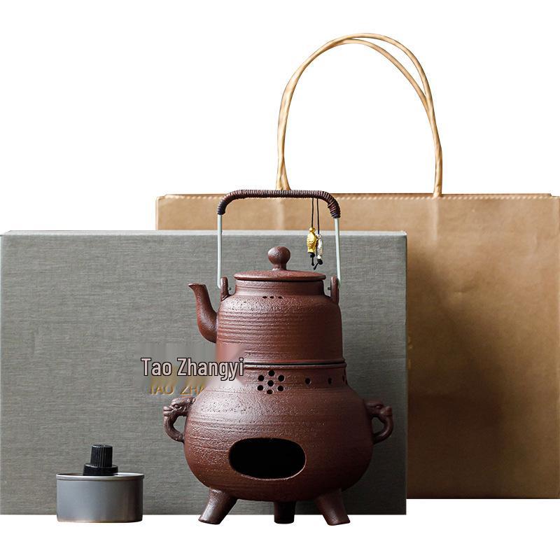 Guanlan Retro Coarse Pottery Tea Kettle Set with Alcohol Warmer for Outdoor Brewing