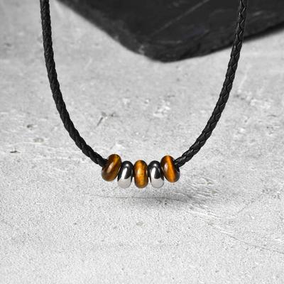 Vintage PU Leather Chain Stainless Steel Beads Tiger Eye Natural Stone Pendant Necklace Choker Trendy Jewelry for Men Male Gift
