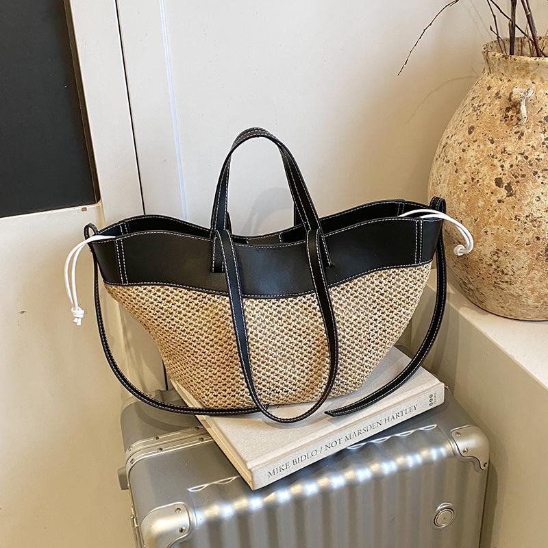 

Hand-woven Straw Shoulder Bag Women Travel Wing Tote Bag 2-in-1 Crossbody Bags With Drawstring Large Capacity Shopping Bag