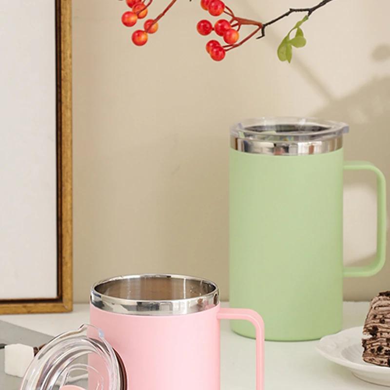 Stainless Steel Water Bottle Protable with Plastic Lid and Handle Double Layers Coffee Milk Cup Insulated Vacuum for Office Work
