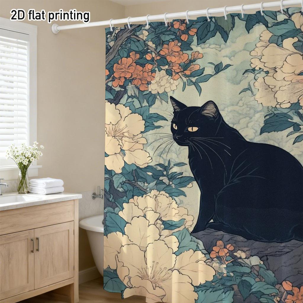 Black Cat Shower Curtain – Vibrant Floral Branch Design, 2D Flat Print, Heavy-Duty Waterproof Polyester, 70×70", 12 Hooks