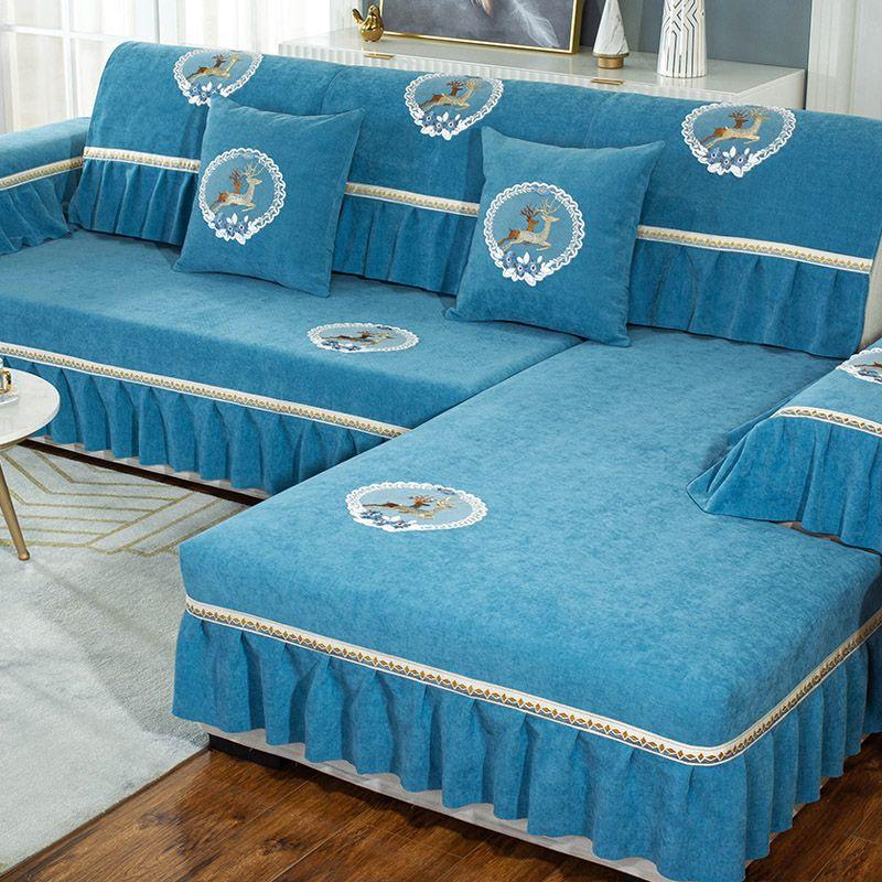 

Sofa Cushion High-End Luxury All Year Round Neutral Genuine Leather Non-Slip Fabric Combination Solid Wood Chaise Sofa Cover All-Inclusive Embroider Fawn Blue 70 * 70cm