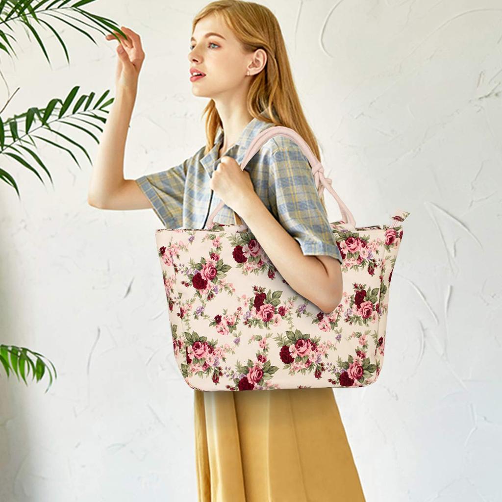 NICOLE & DORIS Canvas Tote Bag for Women, Cute Floral Print, Lightweight, Large Capacity, A4 Size, Water-Repellent, Standing, Shoulder Bag, Diaper