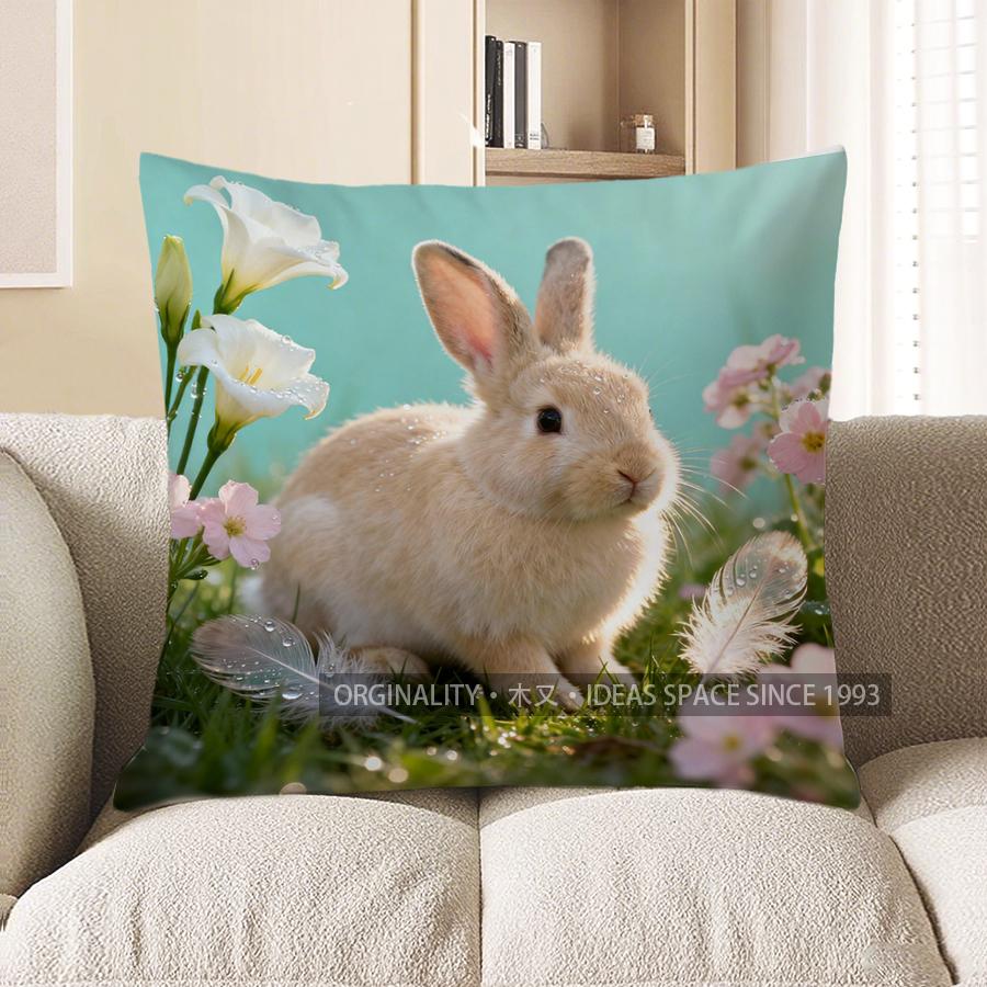 

2D Cute Bunny With Flowers And Feathers Pillow Cover Pattern Cushion Cover Suitable For Sofa Bedroom Car Pillow Cover 40x40cm