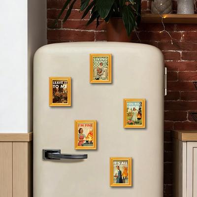 1/5ks Vintage plakát Kočka Magnet na ledničku 3D Dřevěný Retro obrazový rám Magnet na lednici Dekorace domova Kuchyně Kancelář