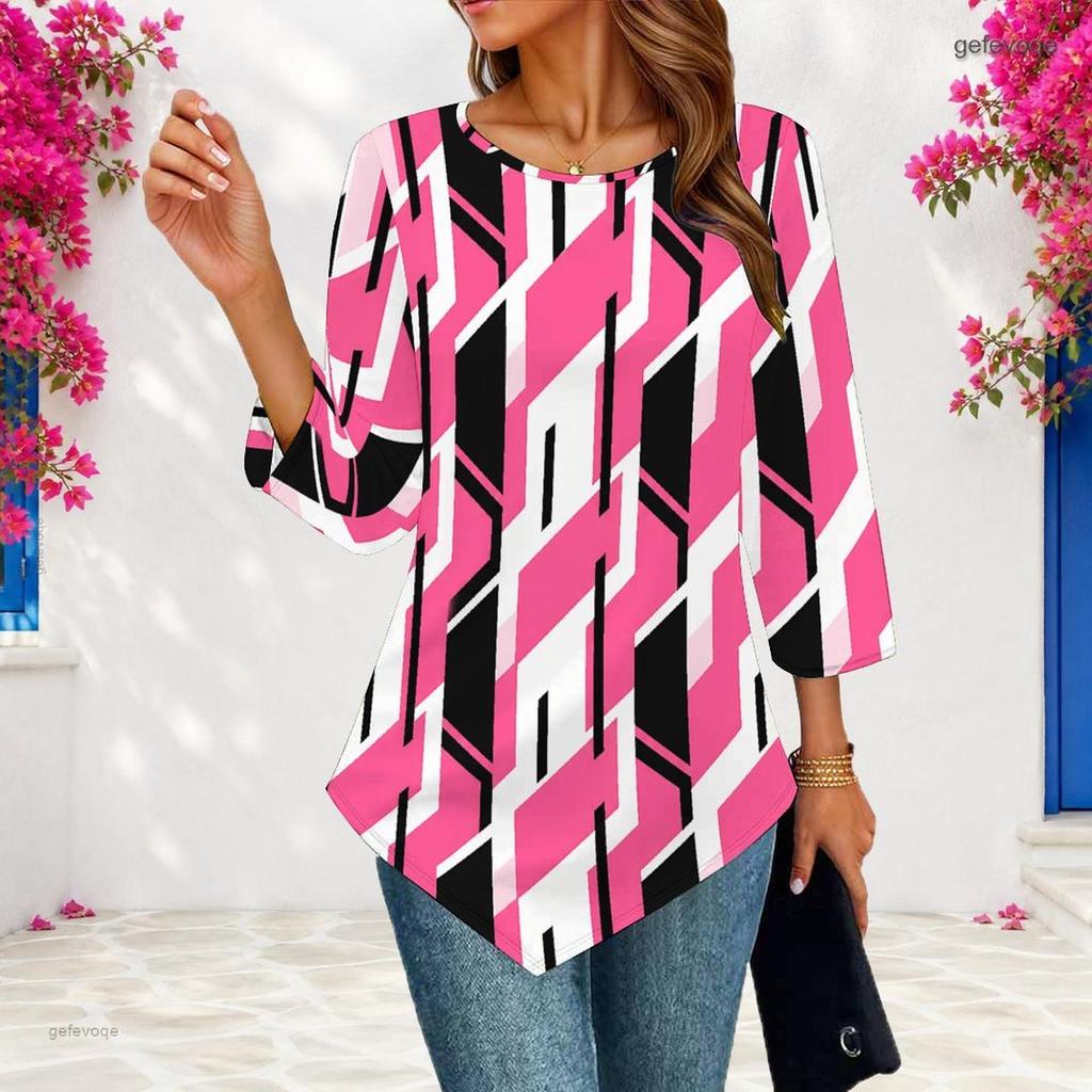 Women Plus Size Round Neck Three Quarter Sleeve Geometric Printed Pointed Hem Casual Blouse