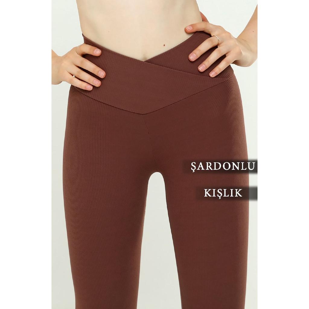 Women's Black Cross Waist Tights With Ribbed Wrap And Fleece Inside