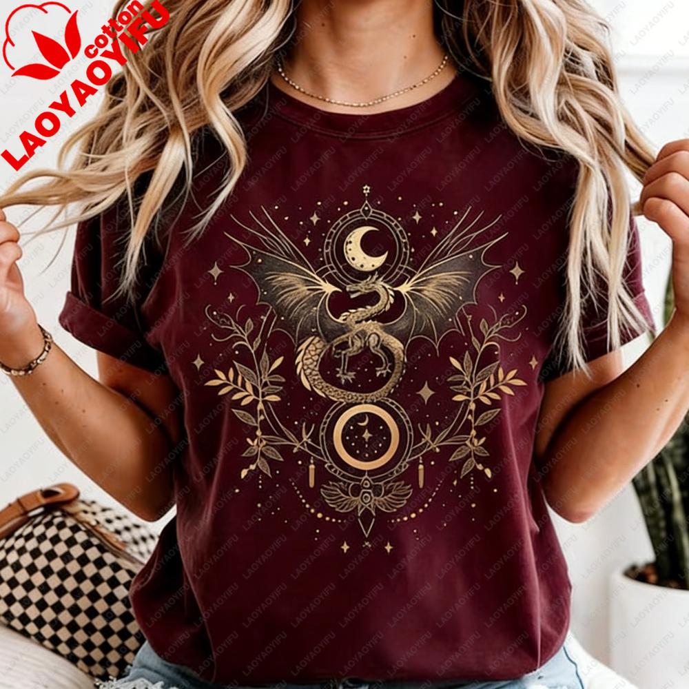 Celestial Dragon Moon Phase T-Shirt Witchy Boho Floral Tee Gothic Style Women Fashion Casual Tshirt Retro Design Printed Tops