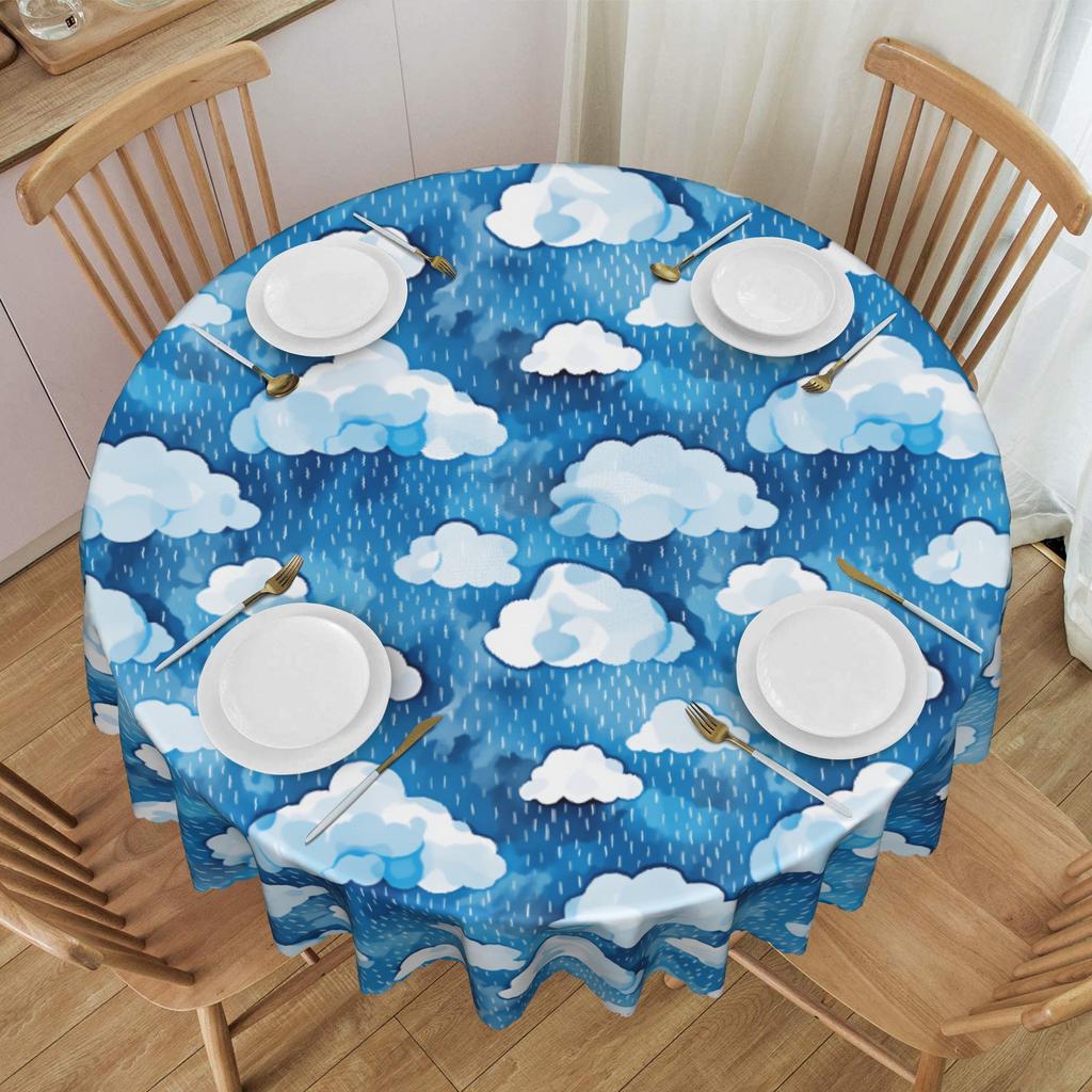 Round Oilproof Rain Clouds And Rain Table Cover Tablecloth for Dining 70 Inch Table Cloth