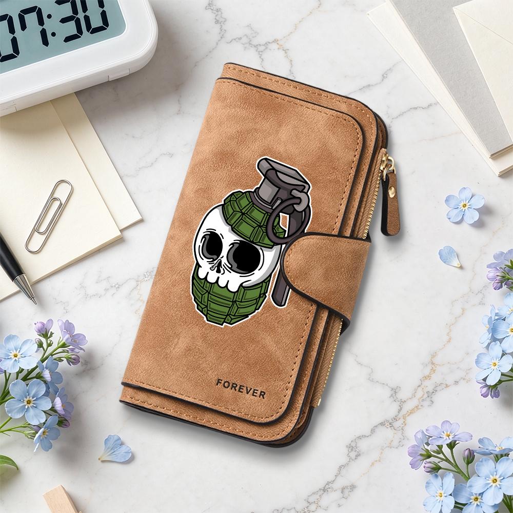Gothic Skull Grenade Pattern Bifold Long Wallet Fashion Portable Multi Card Slot Purse for Daily Use