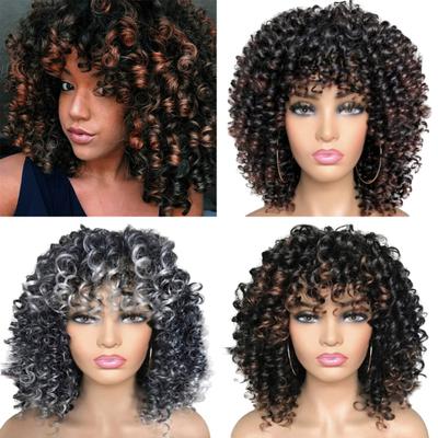 African Women Short Kinky Curly Wigs Silk Hair Natural Look with Bangs High Temperature Wigs Long-Lasting Wear