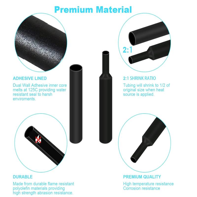 Black Heat Shrink Tube Kit Thermoresistant Tubing Shrink Wire Wrapping Electrical Connection Cable Insulation Sleeves Protecter
