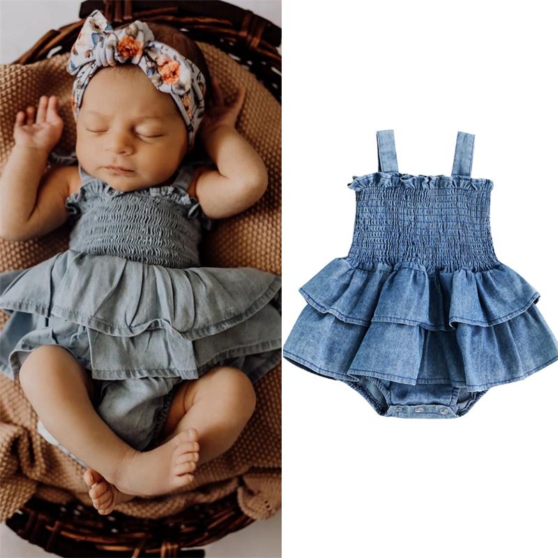 

Baby Girl Clothing 2022 Summer Denim Romper Sleeveless Suspender Pleated Design Ruffle Hem Bottom Snap Button Cute Jumpsuit 70