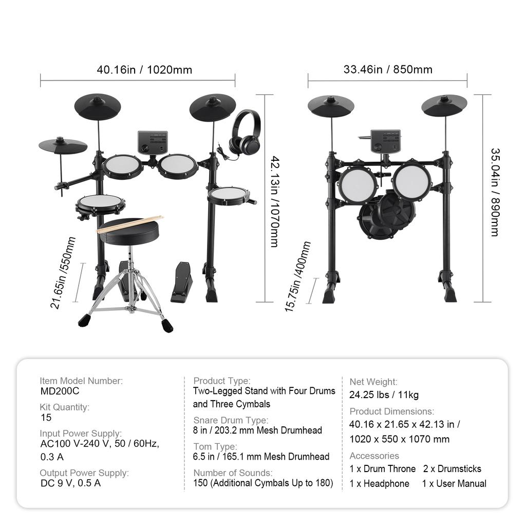 SucceBuy Electric Drum Set 15 Drum Kits& 150 Sounds Electronic Drum Kit 6.5-8in Quiet Mesh Snare Electric Drum Set for Beginners