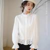 Women's French Romantic Blouse Ruffle Stand Collar Eyelet Lace Trim Flare Sleeve Vintage Cotton Shirt