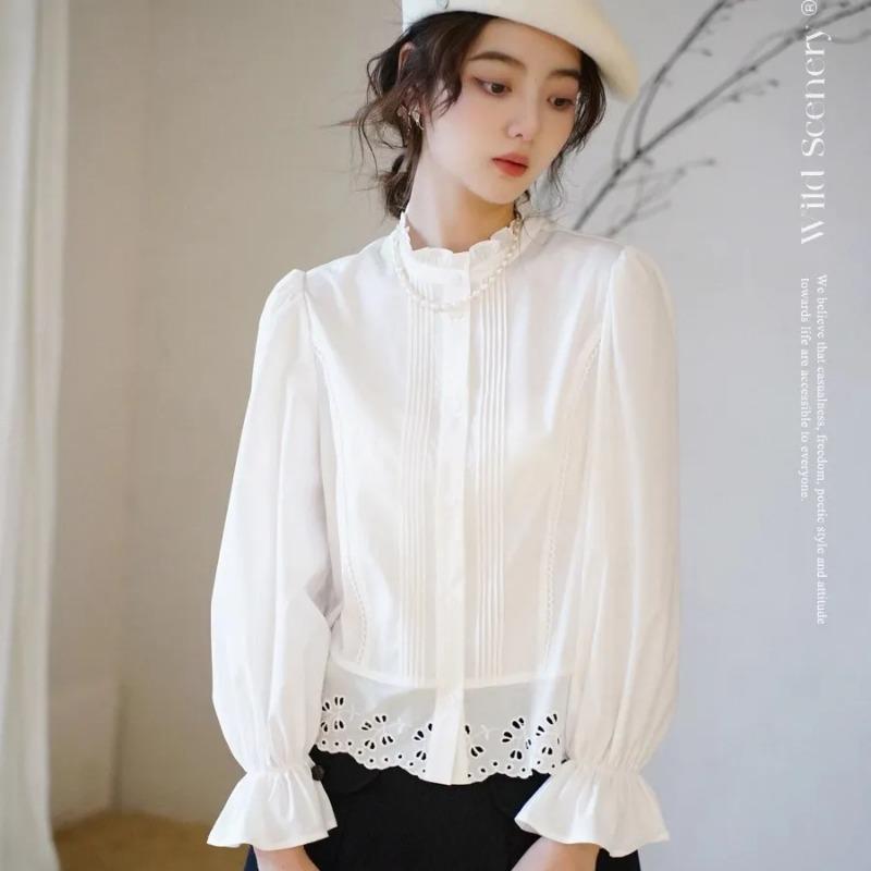 Women's French Romantic Blouse Ruffle Stand Collar Eyelet Lace Trim Flare Sleeve Vintage Cotton Shirt