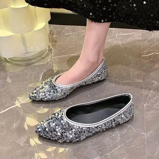 Sexy Socialite Sequined Pointed Head Shallow Mouth Single Shoes Women's Summer New Temperament One-pedal Flat Shoes
