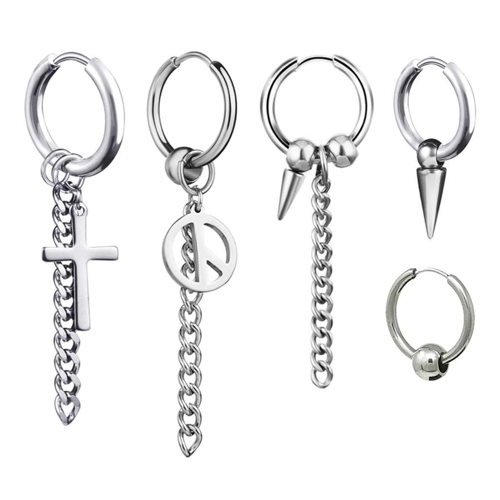 ALOHAMONI BIGBANG G-DRAGON Hoop Earrings (5-Piece Set) with Chain, Cross, Spike, Peace, and Ball Designs. Silver Hoop Rings for Men and Women. Unisex.
