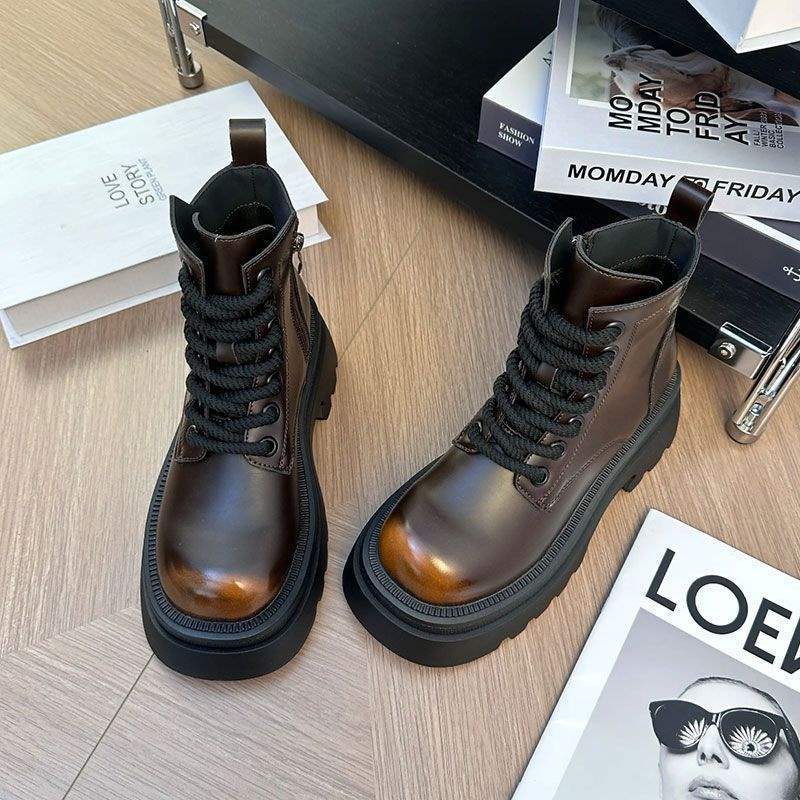 Thin Martin Boots Women's British Style 2025 Autumn and Winter New Thick-soled Heightening Single Boots High-top Versatile Short Boots Casual