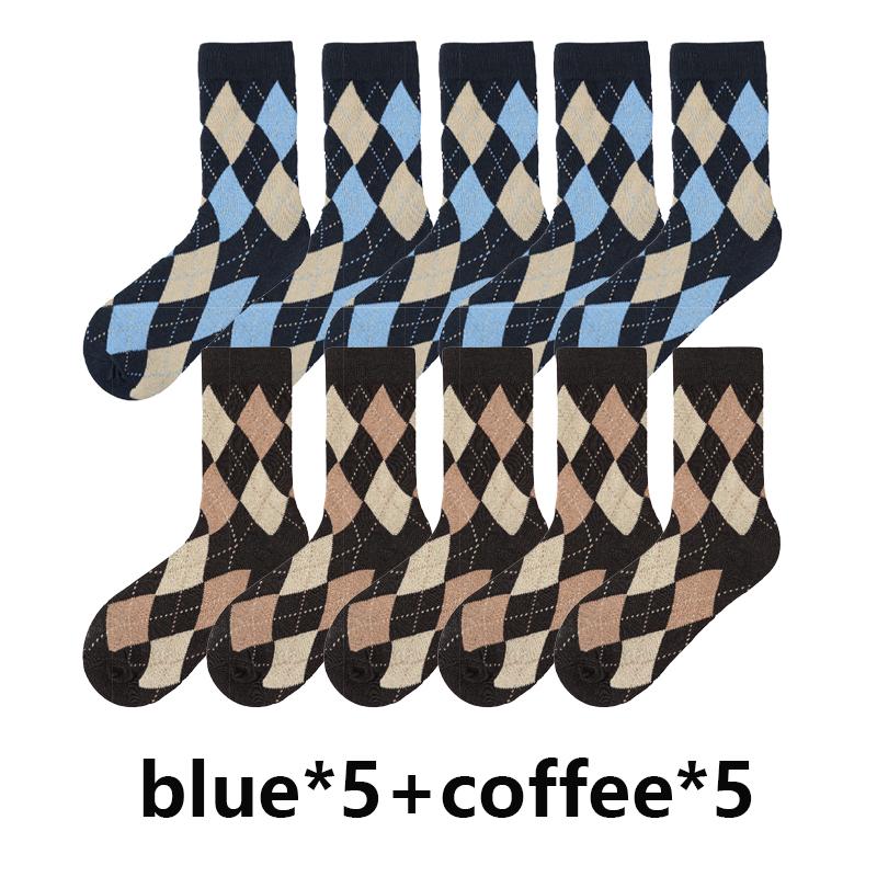 10 par/parti Damstrumpor med ränder Hög kvalitet Rutmönster Diamantmönster Harajuku Kammad Mellanhöga Färgstarka Bomullsstrumpor