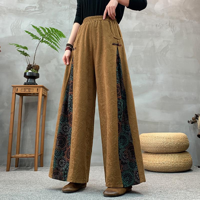 Women's Ethnic Retro Jacquard Wide-Leg Pants, Spring 2025 - Loose, Slimming, Frog Button Patchwork Culottes