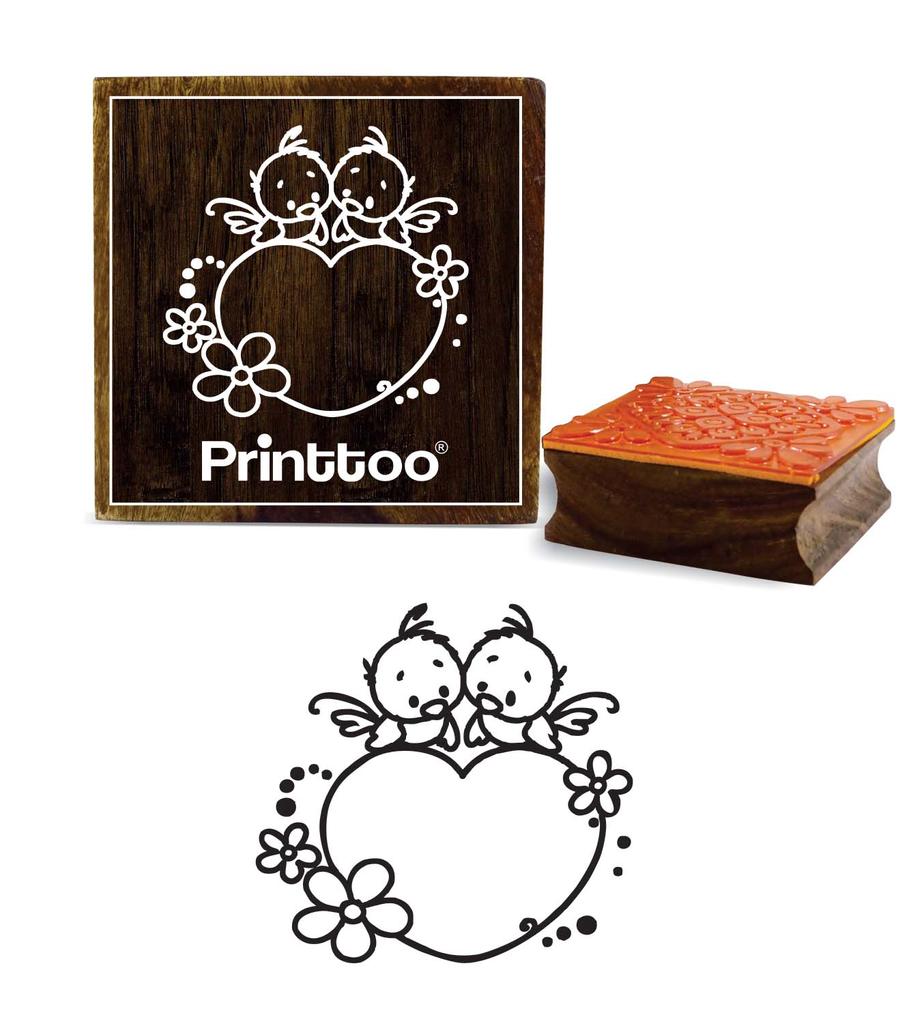 Printtoo Wooden Rubber Stamp Square Heart & Bird Pattern Card Making Craft Block-2 x 2