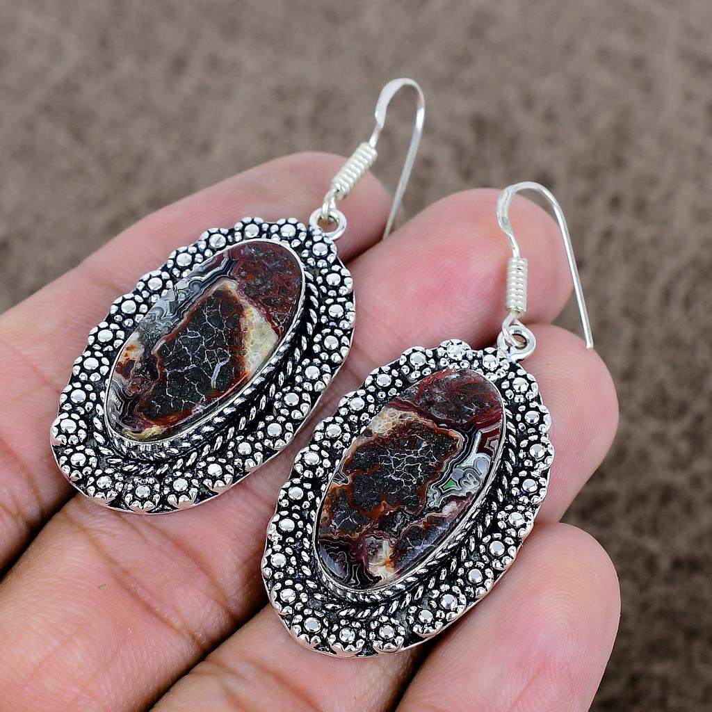 Lake Superior Agate Gemstone 925 Sterling Silver Jewelry Earring 2.17" KKG-666