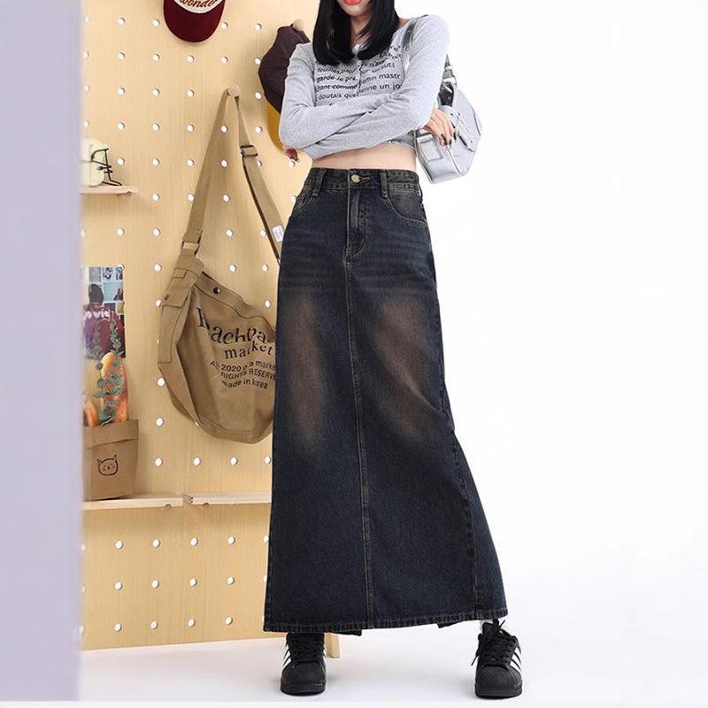 Women's High-Waist Slit Denim Midi Skirt - Versatile A-line, Slimming Fit for Spring & Autumn 2025
