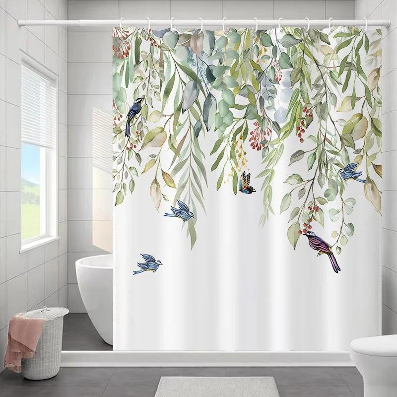 1PC Botanical Flower and Leaf Watercolor Pattern Waterproofing Bathroom Decoration Shower Curtain with Hooks Minimalist Design