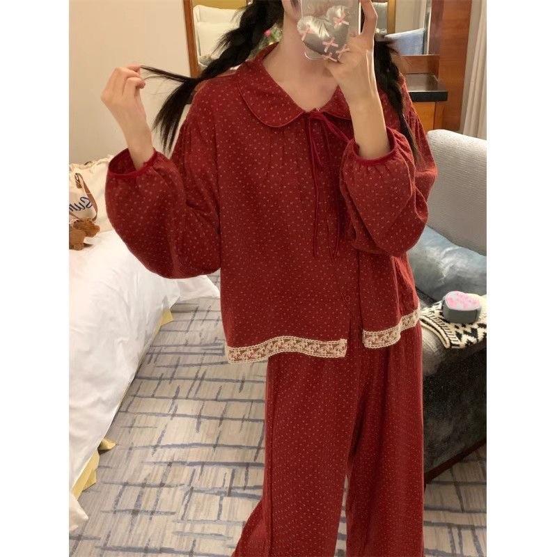Korean Palace Red Polka Dot Floral Lace Collar Long Sleeve Pajama Set