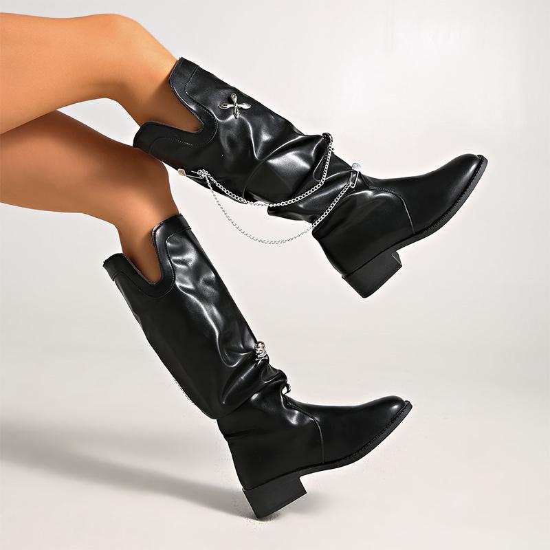 Chain Knee High Women Boots Heeled Shoes Winter Designer Brand Chelsea Long Boots  Sexy Leather Shoes Chunky Mujer Botas