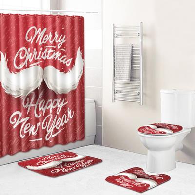 Weihnachts-Duschvorhang Bodenmatten-Kombination Vier-teiliges Set Badezimmer Toilette Teppich Duschkabinenmatte Fußmatte