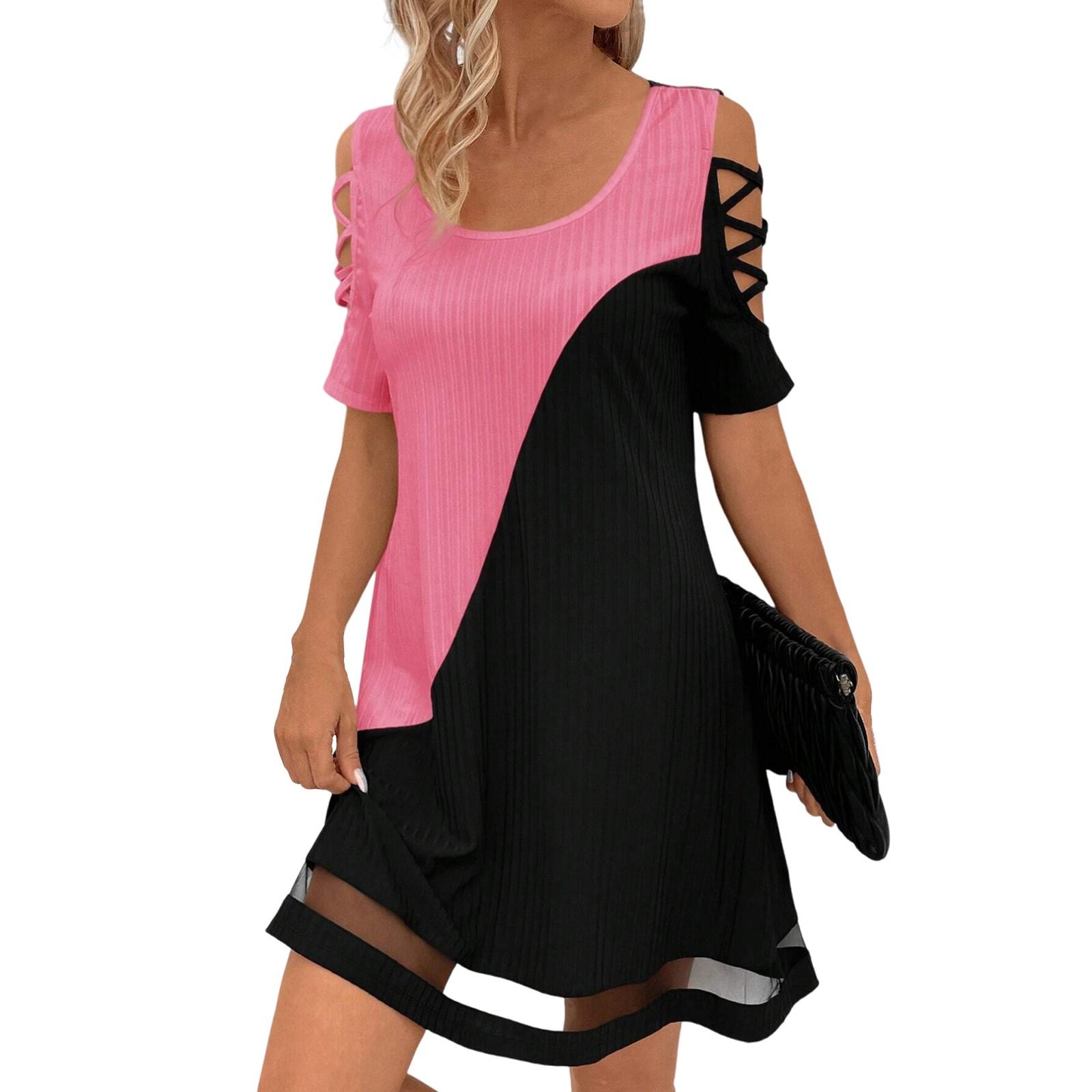 

Женские модные свободные сетчатые платья с вырезами и контрастными цветами L горячий розовый