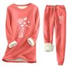 Women's Print Round Neck Warm Suit Long Sleeve Fleece Drawstring Sweatpants Two-Piece Set