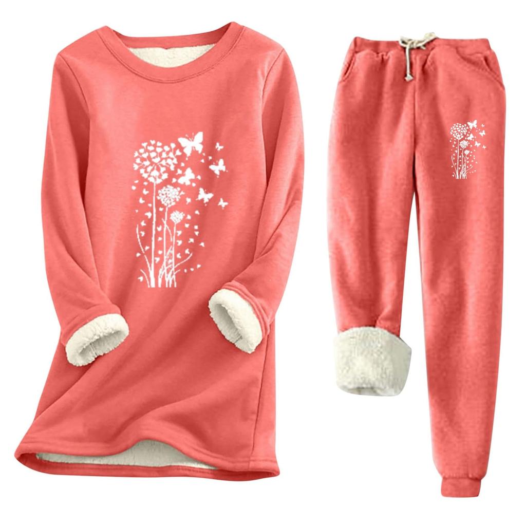 Women's Print Round Neck Warm Suit Long Sleeve Fleece Drawstring Sweatpants Two-Piece Set