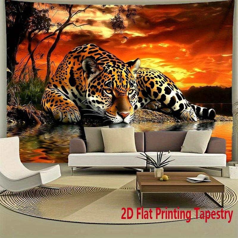 2D Flat, Leopard Sunset Reflection Water Jungle Tapestry Wall Hanging For Living Room Bedroom Decor Wild Animal Nature Art Print