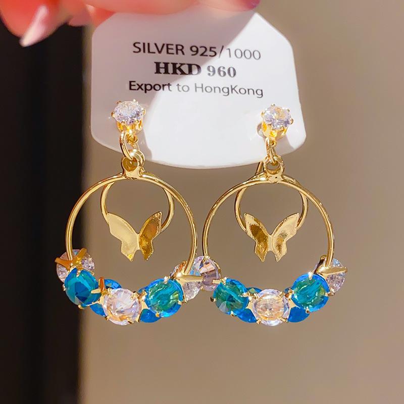 Retro Silver Needle Zircon Glass Water Drop Earrings Court Temperament Stud Earrings Personality Trend Versatile Earrings Women