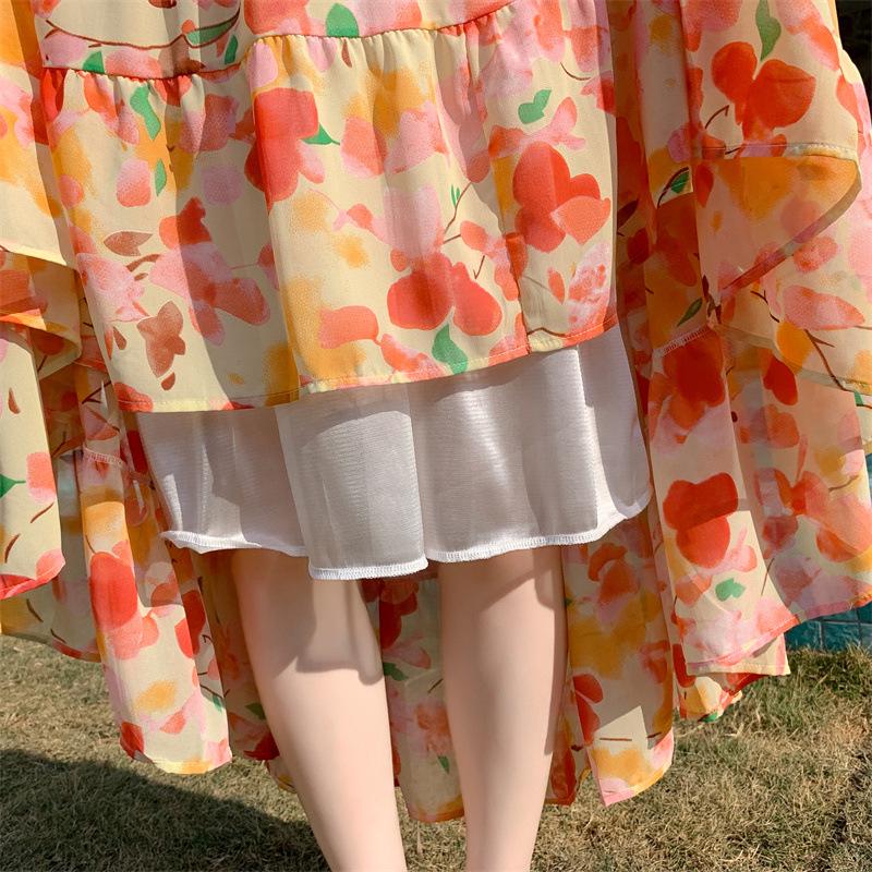 Feiyuan Bohemian Pastoral Chiffon Midi Skirt, One Size, A-line Swing Design for Vacation Style