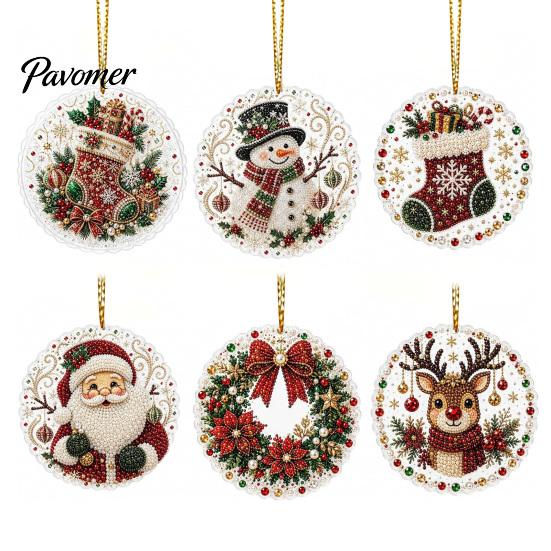 Acrylic Santa Hanging Ornaments 6 Pcs Christmas Pearl Art Ornaments, 2D Flat Holiday Tree Pendant, Effect Decoration for Home Wall Door Window