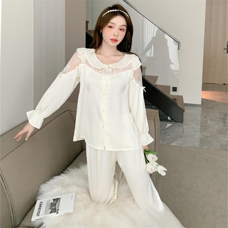Hot Season Latest Satin Pajamas for Women, Ice Silk Cardigan, Hollow Lotus Leaf Collar, Home Wear, Lace Pajamas Set, Pajamas