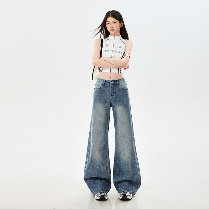 Early Spring Vintage Blue Rhinestone High Waist Relaxed Slim Floor Straight Wide Leg Denim Pants For Ladies Casual Pants Oversize Denim Trousers