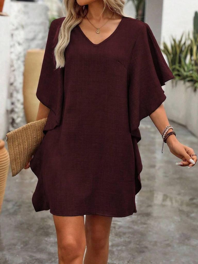 2026 Summer Women's Solid Color Loose Ruffle V-neck Dress - European & American Style