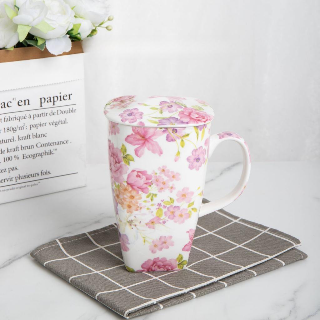 Bone China Floral Mug 610ml Large Capacity Tall Coffee Cup for Home Office Gift