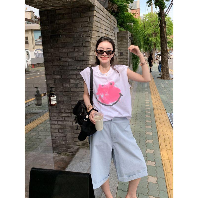 

Lickysenior Main Push! Stay by Yourself! Coachella Suit Casual Loose Minimalist Vest Short Sleeve Pants White Smiley Vest M