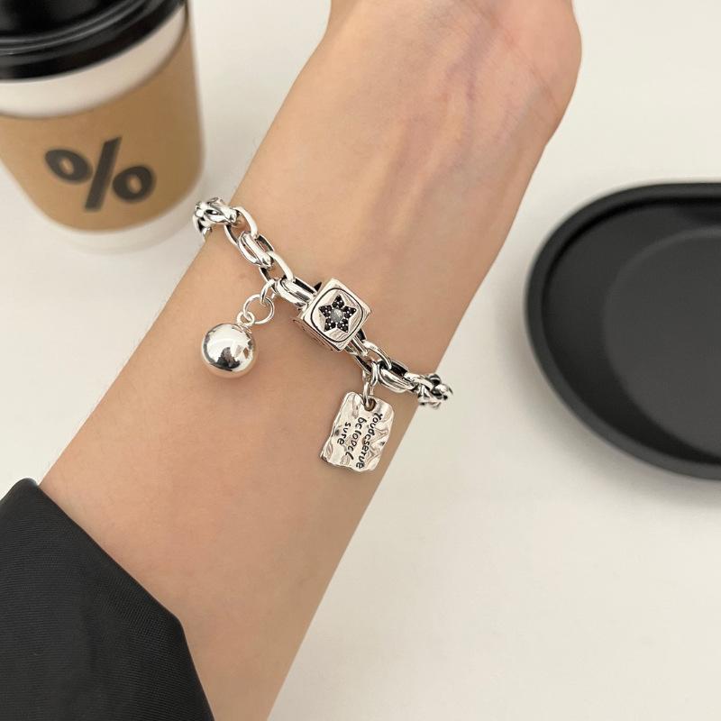 PANJBJ 925 Silve Beads Letters Bracelet for Women Girl Gift Punk Good Luck Simplicity Jewelry