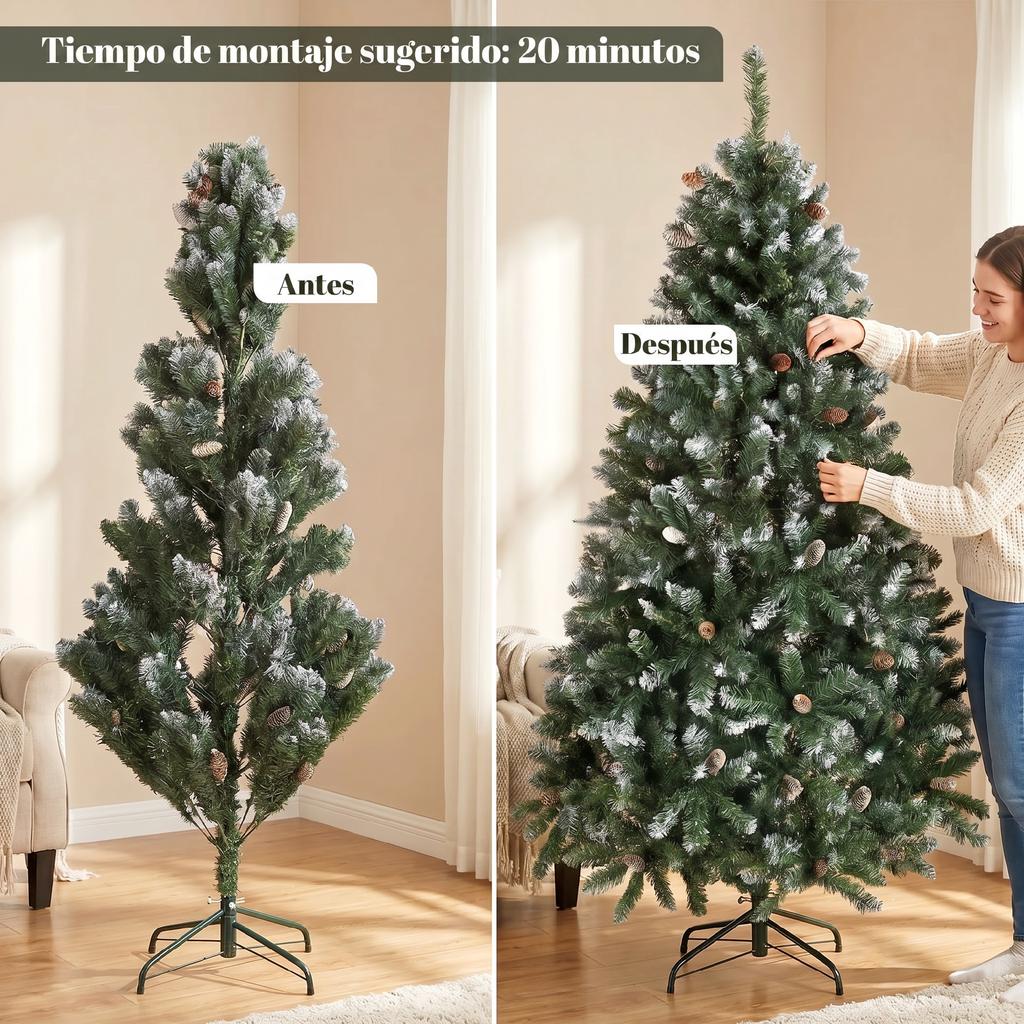 Artificial Christmas Tree 180cm with 910 Branches with Snow, 58 Pine Cones and Foldable Metal Stand, Easy Assembly, Green